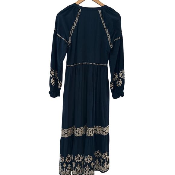 Roller Rabbit Metallic Cross Stitch Aveline Dress Navy/Gold Pockets‎ Size Small - Picture 12 of 13